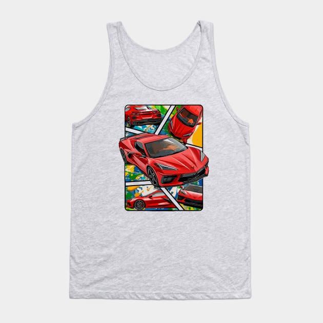 Multiple Angles of the Red C8 Corvette Presented In A Bold Vibrant Panel Art Display Supercar Sports Car Racecar Torch Red Corvette C8 Tank Top by Tees 4 Thee